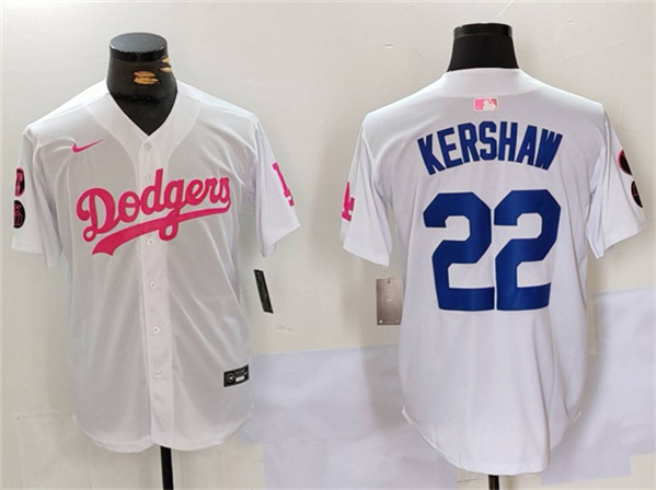 Los Angeles Dodgers #22 Clayton Kershaw White Pink Vin Kobe Patch Stitched Jersey - Click Image to Close